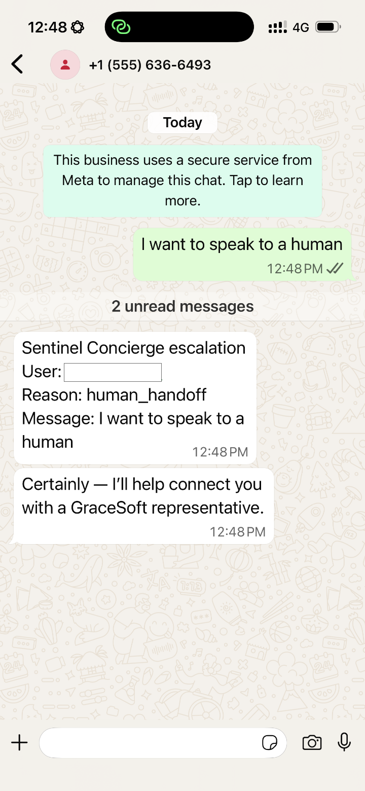 Escalation to a human representative with full conversation context